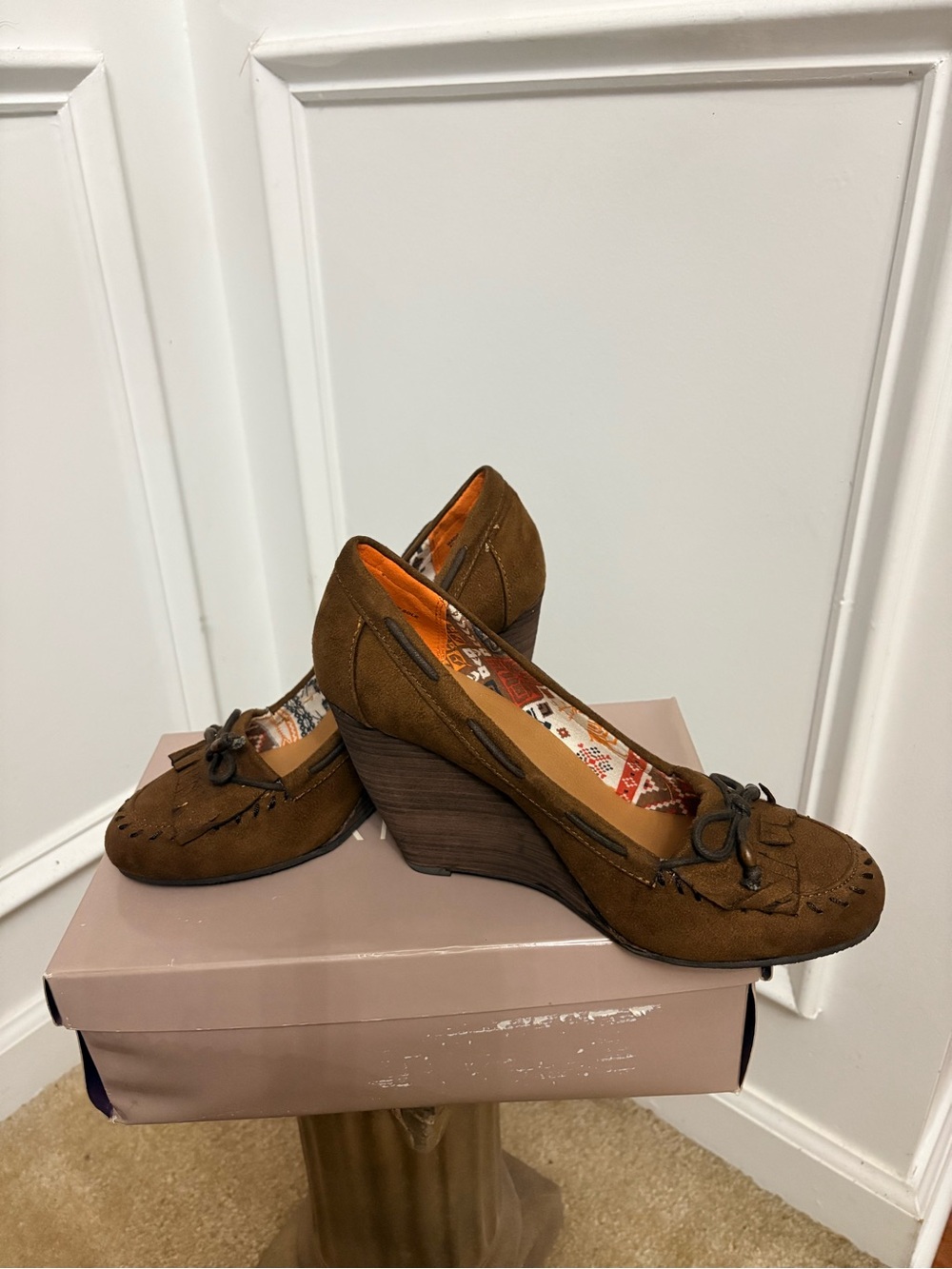 Bakers Brown Suede Fringe Bow Wedge Pumps